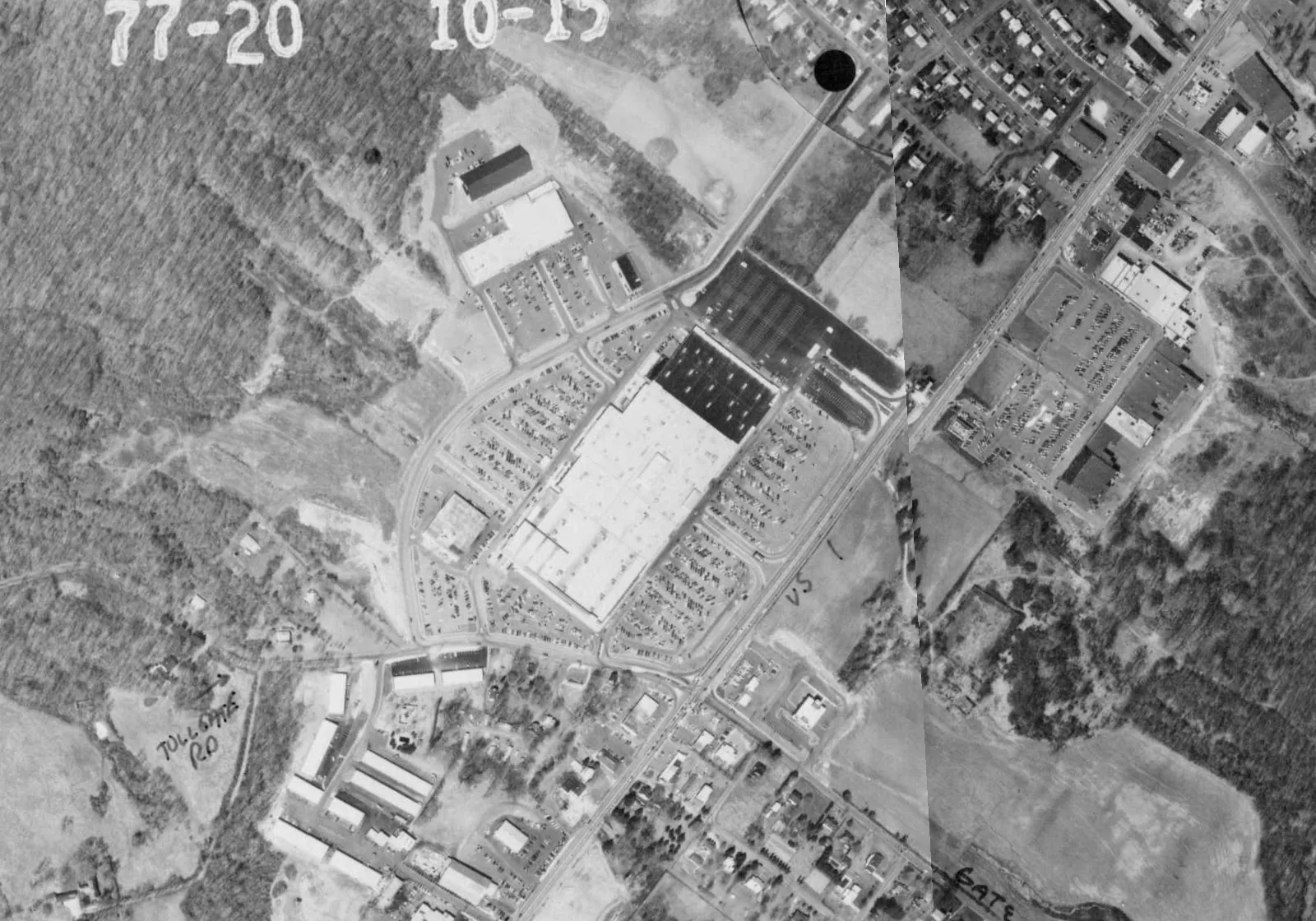 1977 aerial photo showing the completed Harford Mall with full parking lots and the county flight annotation visible in the corner