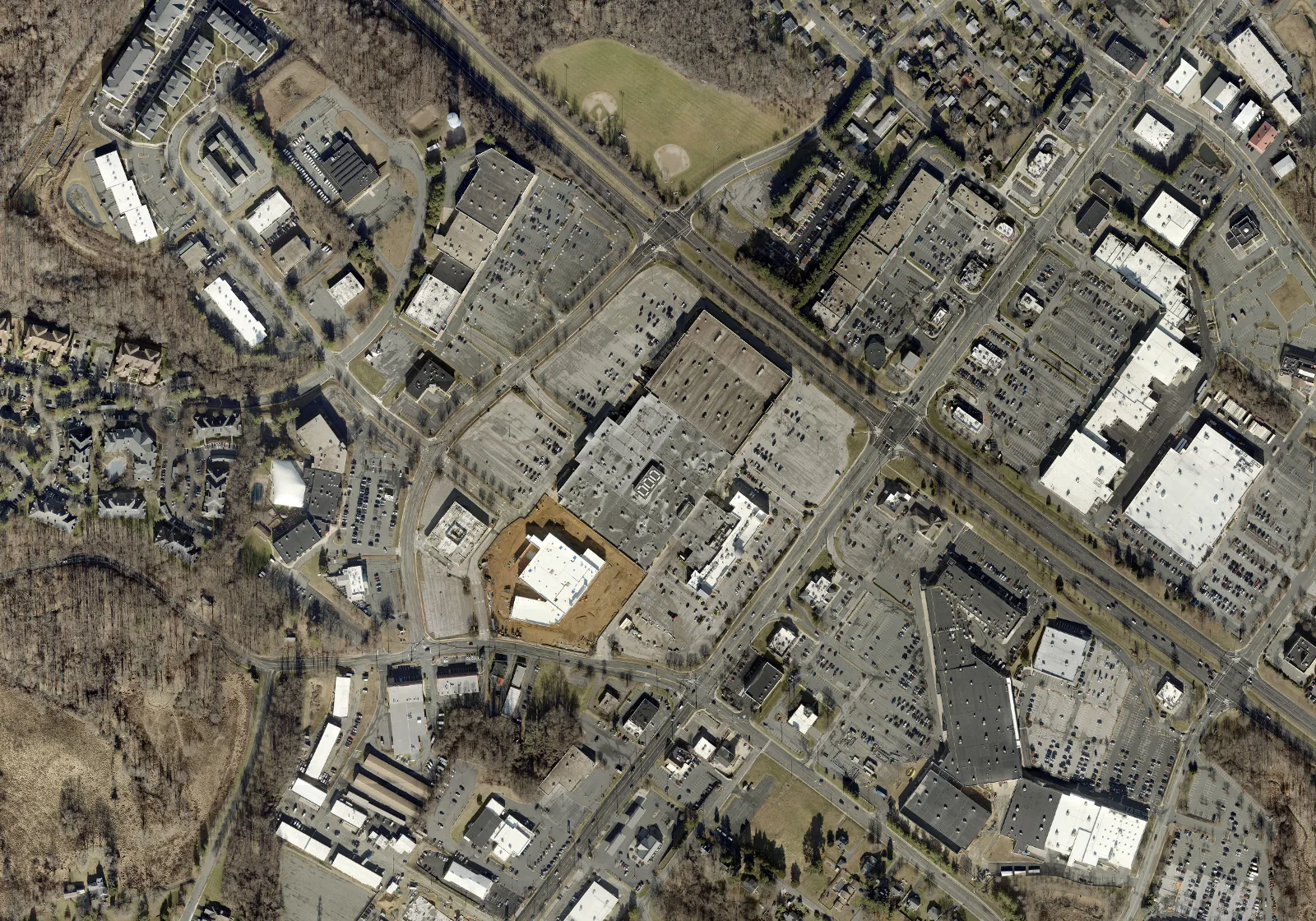 2023 aerial photo of Harford Mall, the most recent county survey of the site, with Phase I construction visible on the former Sears land