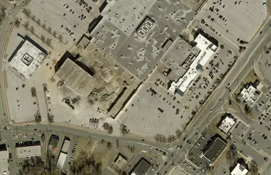 Detail of the 2022 county aerial survey showing the cleared west end of Harford Mall with a line of rubble where the Sears building stood