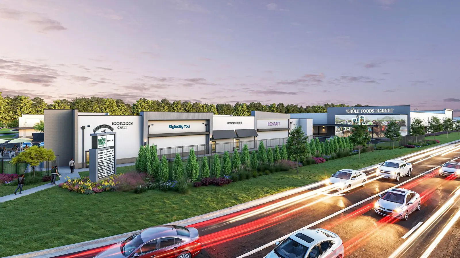 Developer rendering of the planned landscaped roadside edge of Derby Place behind the retail buildings