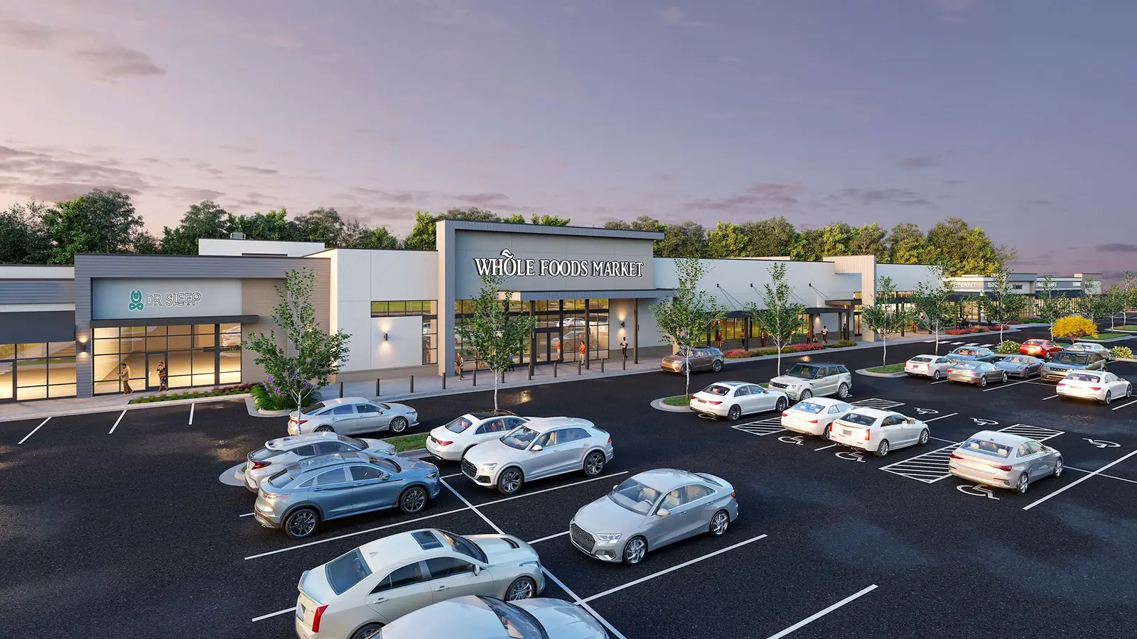 Developer rendering of the planned Whole Foods storefront and adjoining Derby Place retail facing the parking area