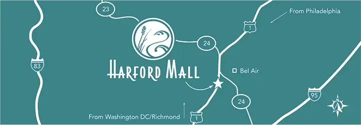 Harford Mall regional locator map showing nearby routes into Bel Air